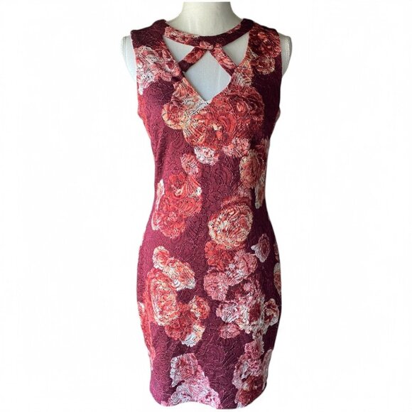 Guess Red Floral Lace Bodycon Mini Dress Caged Neckline Y2K Asian grunge 8 - Picture 1 of 16